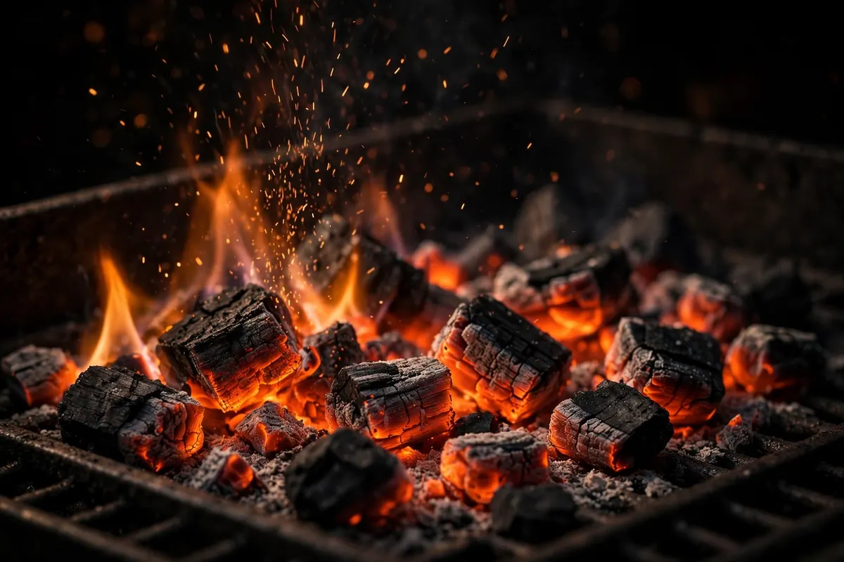 Real coals catching light under the karahi